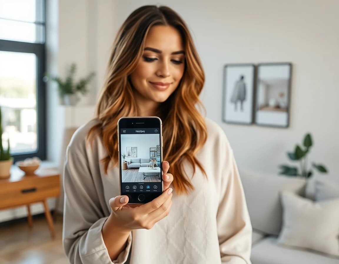 Person using DecorAI AI Home Decorating App on a smartphone